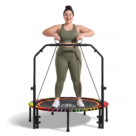 FUNSEEK 48" Foldable Mini Trampoline for Adults & Kids, Quiet & Stable Fitness Rebounder with 4-Level Adjustable Handlebar, Resistance Bands Included, Supports Up to 650 LBS