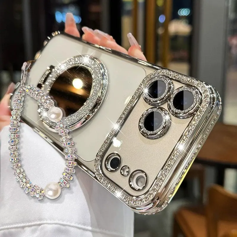 Women's Framed Multi-Model Smartphone Case Accessories with Mirror, Handheld Stand, HD Transparent/High Def Transp, Full-Body Drop-Resistant Protection, Shiny Frame - Phone Accessories for iPhone 12 Pro Max, IP 13Pro Max,14 Plus,15 Plus,16 Plus,17 Air