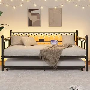 Twin Size Daybed Frame with Trundle, Heavy Duty Metal Platform Sofa Bed Frame with Charging Station and LED Lights for Small Spaces, Living Room, Bedroom, Apartment