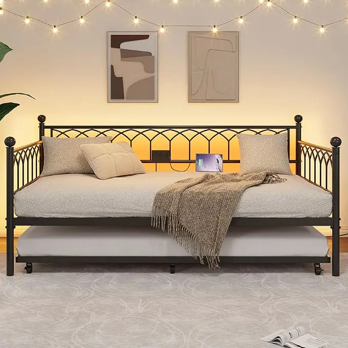 Twin Size Metal Daybed Frame with Trundle, Heavy-Duty Platform Sofa Bed with Charging Port, LED Mood Lighting for Single Mattress, Small Spaces Living Room