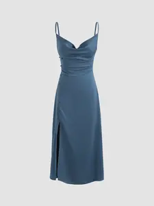 [5 colors, US size 0-26] Solid Cowl Neck Slit Midi Dress