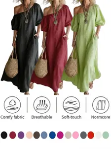 2026 Vacation Style One-Shoulder Linen Bubble Sleeve Loose Fit Slimming A-Line Long Dress for Women, Comfortable and Stylish Summer