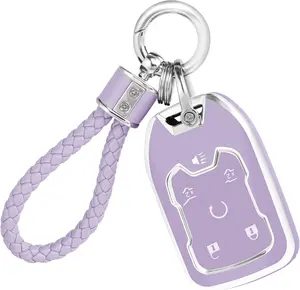 For GMC Chevy Key Fob Cover with Keychain, Key Fob Case Cover Fits for GMC Acadia Yukon XL/LTZ Terrain Chevy Chevrolet Tahoe Silverado Suburban Car Accessories Smart Key, Purple