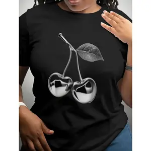 Women's Silvery cherry pattern T-shirt, loose casual round neck, geometric cherry print casual short-sleeved round neck T-shirt