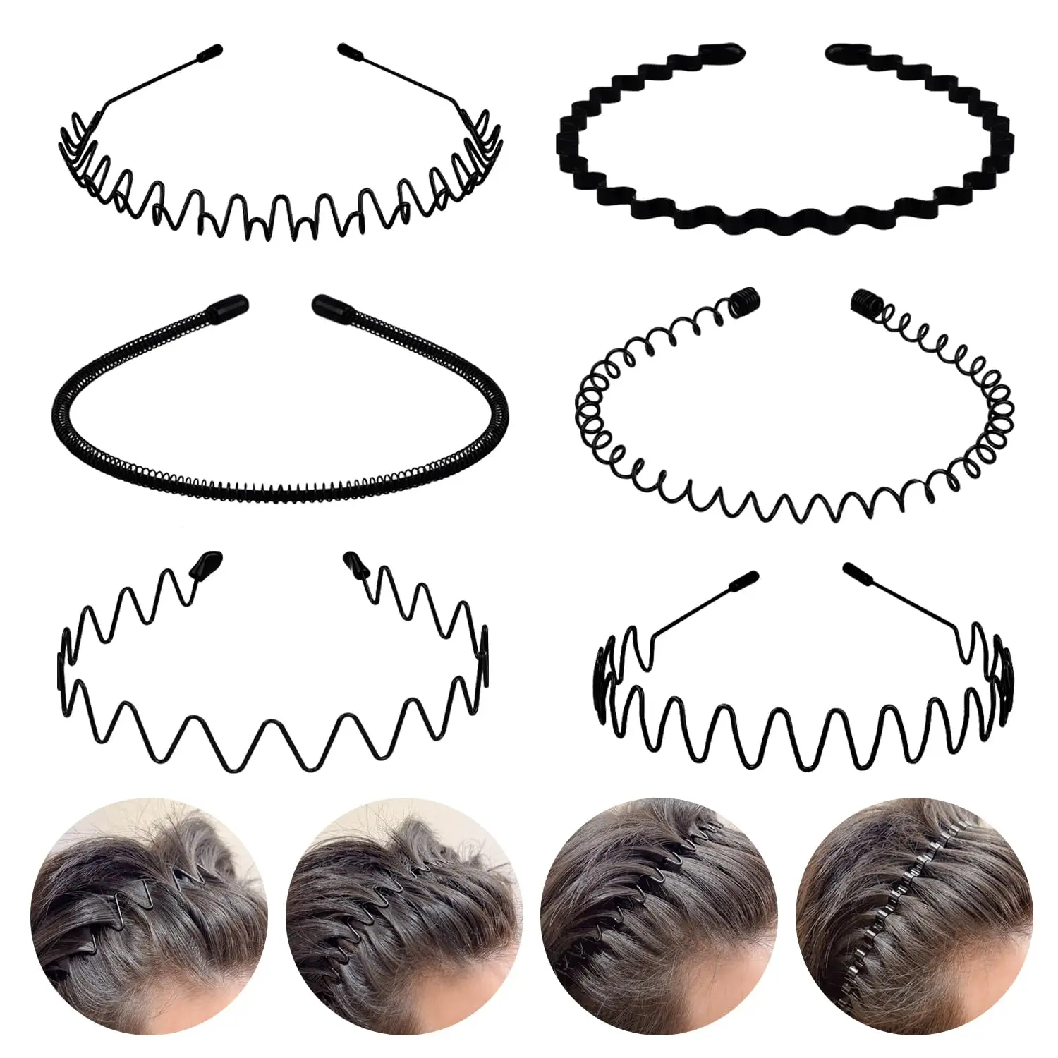 Halloween Fall Gift 6PCS Metal Hair Bands, Spring Wavy Hoop Unisex Black Headband Slicked Back Non Slip Sports Hairband for Women Men
