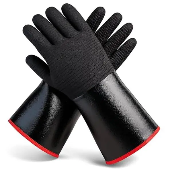 BBQ Gloves - 14” Long Sleeve | Heat Resistant Gloves up to 932°F - Food-Grade Neoprene Rubber Mitts with Soft Cotton Lining - Waterproof Non-Slip Oven Gloves - Perfect for Kitchen Cooking, Grilling, Baking & Fire Pit Use