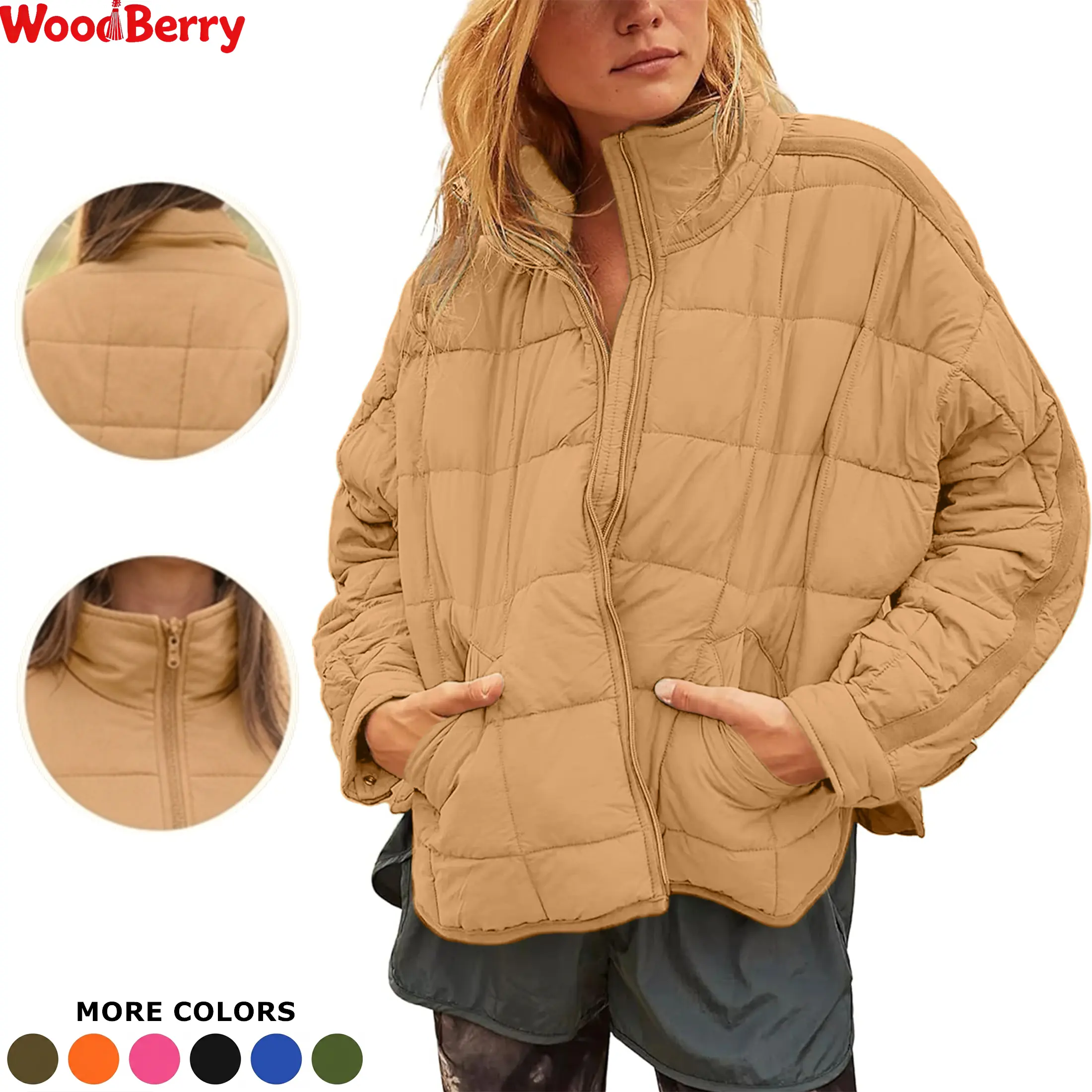 WoodBerry Women's Casual Quilted Puffer Jacket Lightweight Zipper Short Padded Down Coat with Snap Button Cuffs Pockets Oversized Mid Length Outerwear