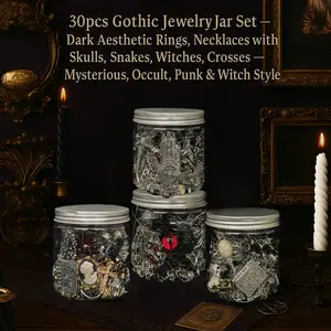 Jollyhit Light Gothic Witch Mystery Jewelry Jar Set - Costume Rings Necklaces Earrings for Decorative ,Unique Birthday Gift SpringStatements,  womens gifts, emo accessories ,,gifts for girlfriend