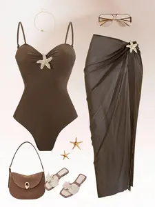 Women's two-piece brown starfish separate swimsuit set with thin straps and ruched top paired with mesh wrap skirt, tummy control and shaping slim swimsuit, suitable for beach vacations, pool parties, cruises, and water sports