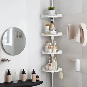 4 Tier Corner Shower Caddy Tension Pole with Hooks, 360° Rotating Rustproof Bathtub Shower Organizer, 33.5-124 Inch Adjustable Floor to Ceiling Shower Caddy