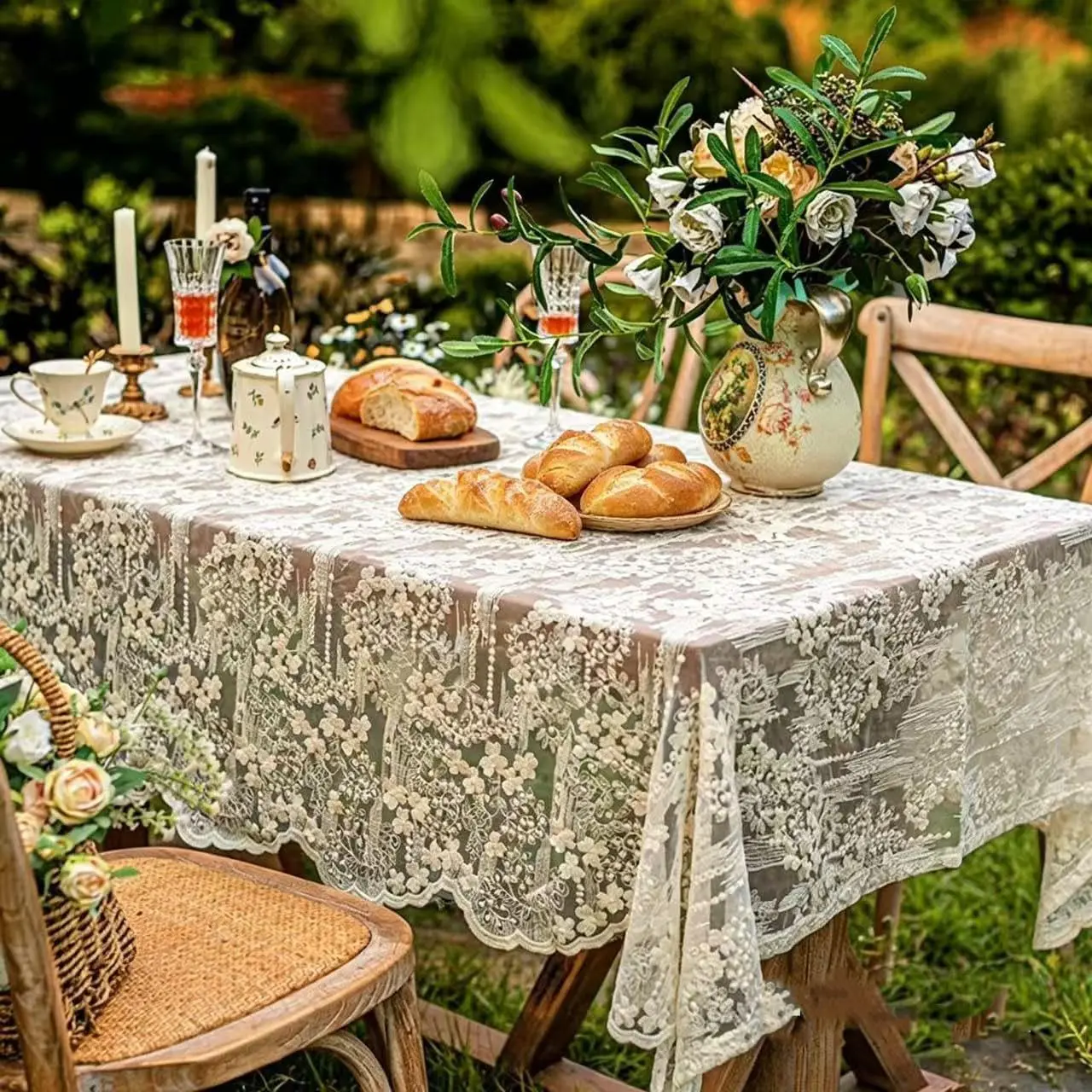 JE JOUE French Embroidery Lace Tablecloth - Rectangular for Coffee Tables, Vintage Beige Lace Table Cover for Kitchen, Dining Room, Party, Banquet, Wedding, Picnic, Home Decor(90 * 53in,Beige)