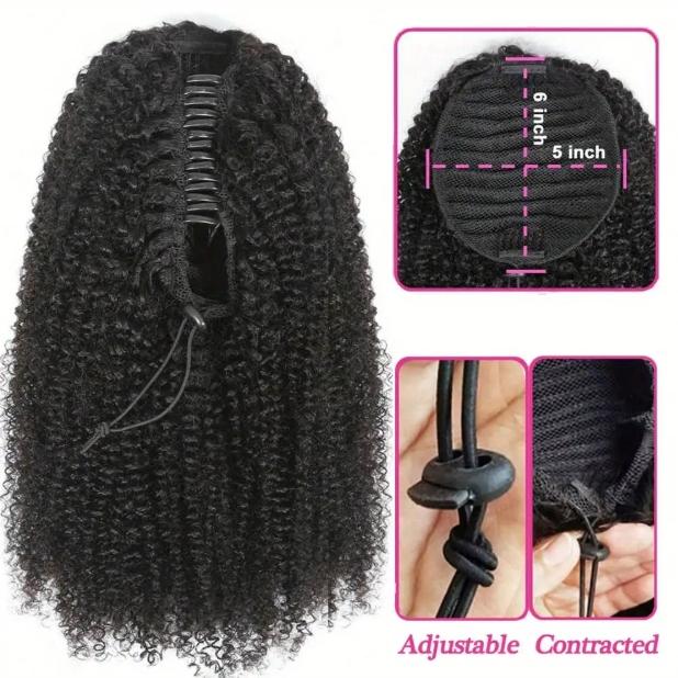 Claw Clip Afro Kinky Curly Ponytail Human Hair Extension, Drawstring Clip In Hairpiece, Natural Curly Pony Tail for Women Daily Wear