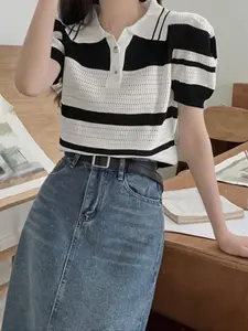 Spring Autumn High Elasticity Fitted Mixed Color Striped Knitted Sweater Knitwear, Women's Womenswear Casual Long Sleeve Pullover, Comfortable and Stylish Clothing