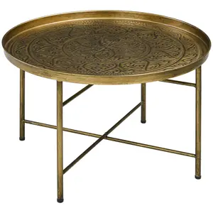 24 in Round Hammered Metal Coffee Table with Metal Frame & Adjustable Pads, Vintage Gold Side Table for Living Room, Bedroom, Adjustable Feet