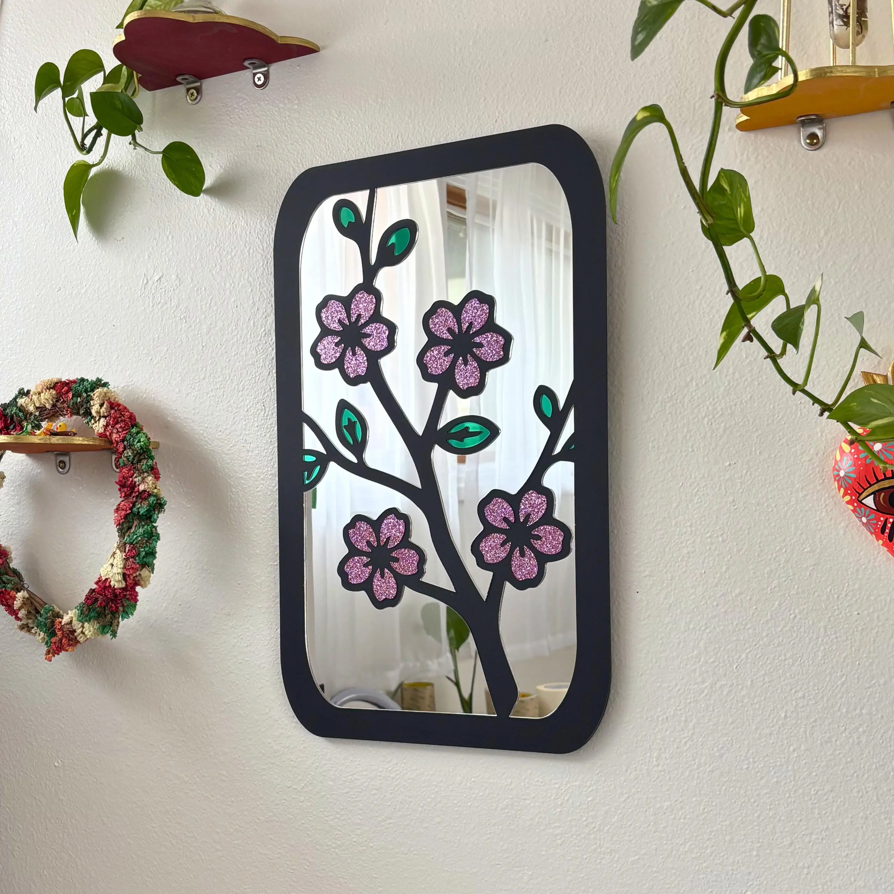 Handmade Rectangle Cherry Blossom Flower Wall Hanging Mirror, Home Decor for Room Decor (11.5X18.25" in)
