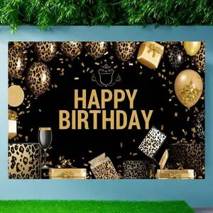 Leopard Pattern Balloon Birthday Background Banner, Features Gifts & Champagne Design, Ideal for Birthdays, Anniversaries, Photo Backdrop