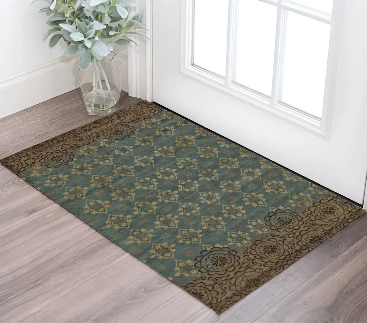 HomeRoots Traditional Floral Hand-Knotted Wool Blend Decorative Area Rug, 2x3 ft Rectangle, Blue-Green-Brown, Decorative Rug, Casual