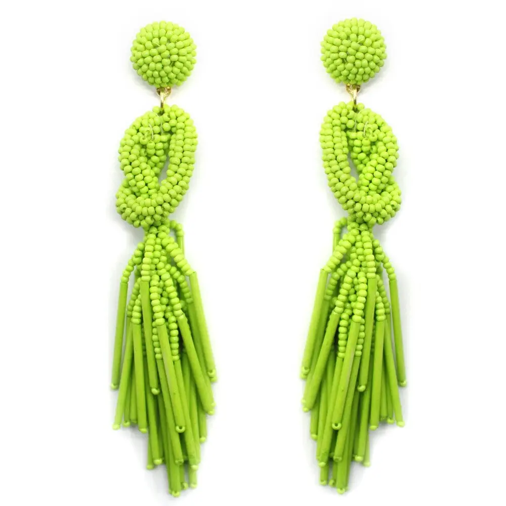 Handmade Beaded Solid Color Post Statement Earrings for Women All Season - 4 inch Long Dangle with Celtic Knot Design - Czech Seed Beads - Olive Green
