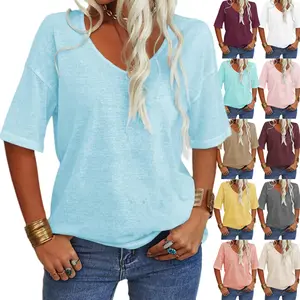 【US Shipping】Womens Tops Dressy Casual V Neck T Shirts Solid Short Sleeve Tshirts Trendy Loose Fit Summer Tops for Daily Going Out