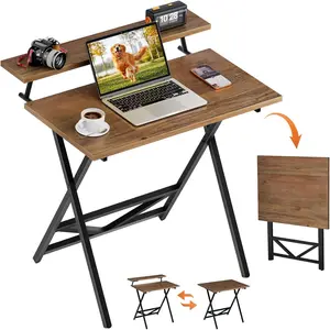 Folding  Desk with Adjustable Height, 23.6" x 31.5" x 25.6" Foldable Table with  Stand, Small Office Desk for Bedroom, Space Saving Desk for  Office, Easy Assemble, Walnut