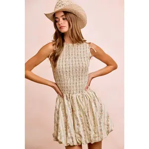 BiBi Floral Bow Tie Attachable Puff Sleeves Dress