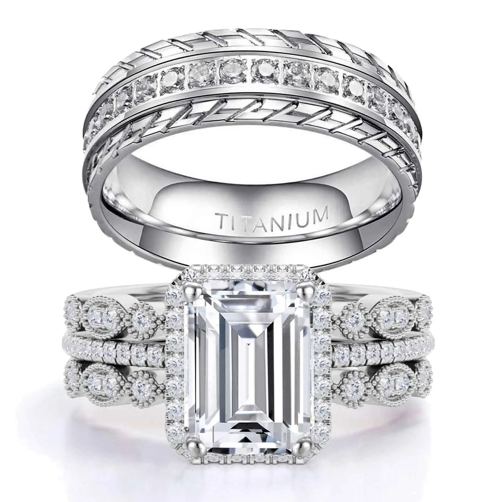 Couple Rings 4pcs Matching Rings 1ct AAA CZ White Gold Plated Women Wedding Ring Sets For Him And Her