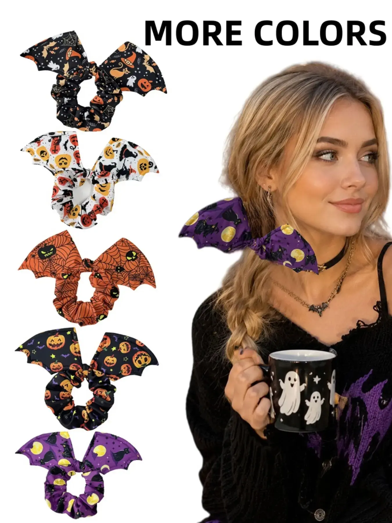 5PCS Halloween Bat Wing Bow Scrunchies, Cute Pumpkin Ghost & Spider Web Print Hair Ties, Soft Stretch Non-Slip Hair Accessories for Women & Girls, Holiday Party Gift