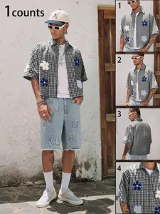 Men's Floral Embroidery Checked Plaid Short Sleeve Crop Shirt, Regular Fit Casual Breathable Comfy Gingham Trim Shirt for Summer, Men's Top for Daily Wear, Fitted