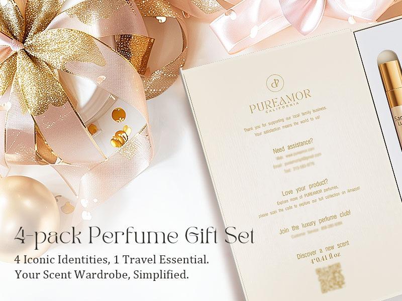 PUREAMOR Pheromones Perfumes for Women, 4-pack Giftbox Perfume Set, Amber Vanilla, Saffron Amber, Woody Citrus, Spicy Sandalwood, 1.64fl. Enhanced Scents Pheromone Cologne for Men&Women,Travel Size Perfumes