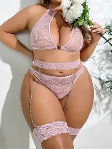 【Plus Size】 Floral Lace Teddy Bodysuit Set, Comfy Breathable Lingerie Top & Thong & Garter Belt & Thigh Ring, Women's Underwear Set for All Seasons