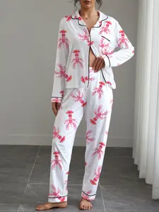 Women's Fall Winter Pajama Set, Lobster Print, Button Front Long Sleeve Top & Elastic Pants, Soft Stretchy Fabric, Casual Home Wear