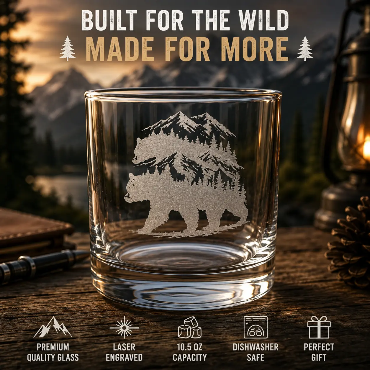 Montana Bear Mountain 10.5 oz Laser Engraved Whiskey Glass | Double-Sided Engraving | Premium Rocks Glass | Dishwasher Safe Bourbon Glass | Rustic Cabin Barware | Montana Gift for Hunters, Outdoorsmen...