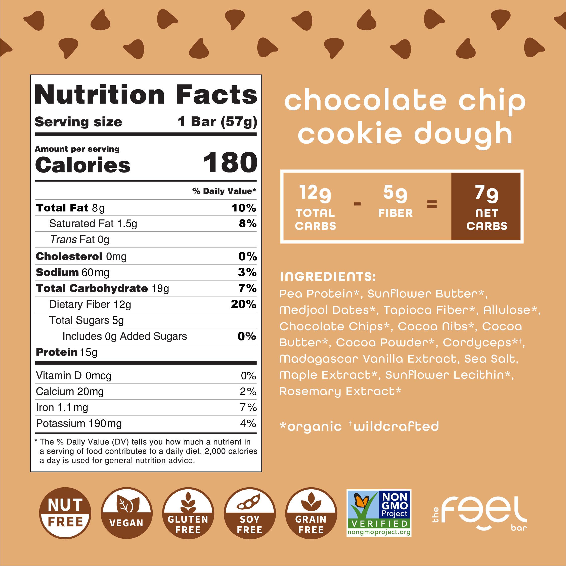 Feel Bars – Vegan Protein Bars | Cookie Dough – 10 Pack | 15g Plant Protein | Cordyceps | Keto | Organic | Gluten Free, No Nuts, No Soy, No Dairy, No Grains