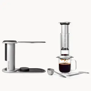 AeroPress Premium Coffee Press and Coffee Station Bundle, Glass, Stainless Steel & Aluminum Coffee Maker, All-in-One French Press, Pour-Over & Espresso Style Manual Brewer, 2 Min Brew for Less Bitterness, More Flavor, Silver