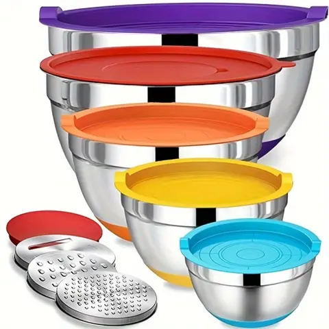 8PCS Stainless Steel Metal Nesting Mixing Bowls Set - Durable Kitchenware with 3 Grater Attachments, Silicone Non-Slip Bottoms, Airtight BPA-Free Lids, 5/4/3.5/2QT/1.5QT Sizes for Mixing, Serving