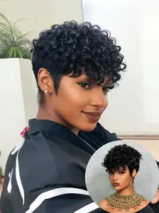 Elegant Pixie Cut Human Hair Wigs For Black Women Afro Curly Urban Edge Wave Pixie Glueless Wigs with Bangs