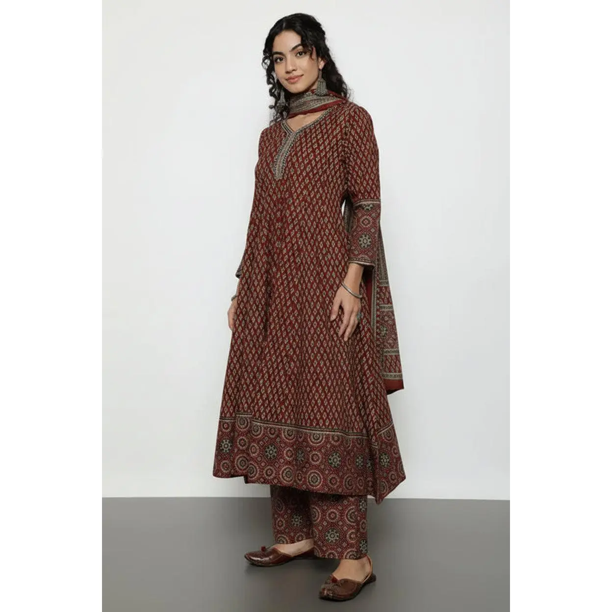 Ajrak Anarakali Maroon Cotton Stitched Kurta, Palazzo With Dupatta