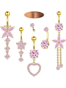 14G Belly Button Piercing Rings for Women -Stainless Steel with Cute Hypoallergenic Cubic Zirconia Flower, Butterfly, and Heart Designs -Belly Rings Dangle Navel Body Piercing Jewelry (Pink/Gold/Silver