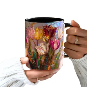 Stained Glass Tulip Floral Mug, Botanical Art Coffee Cup Design, Flower Lover Gift for Women and Garden Fans, Aesthetic Ceramic Drinkware for Home Kitchen Decor, Daily Coffee Tea Mug Style