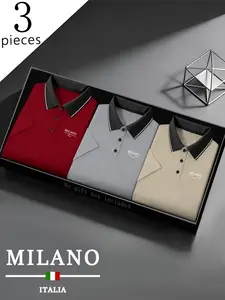 Men's Quick-Dry Polo Shirt Set, Italian Milan Logo Print, Breathable Comfort, Casual Fashion Lightweight, High-Quality Stretch Fabric