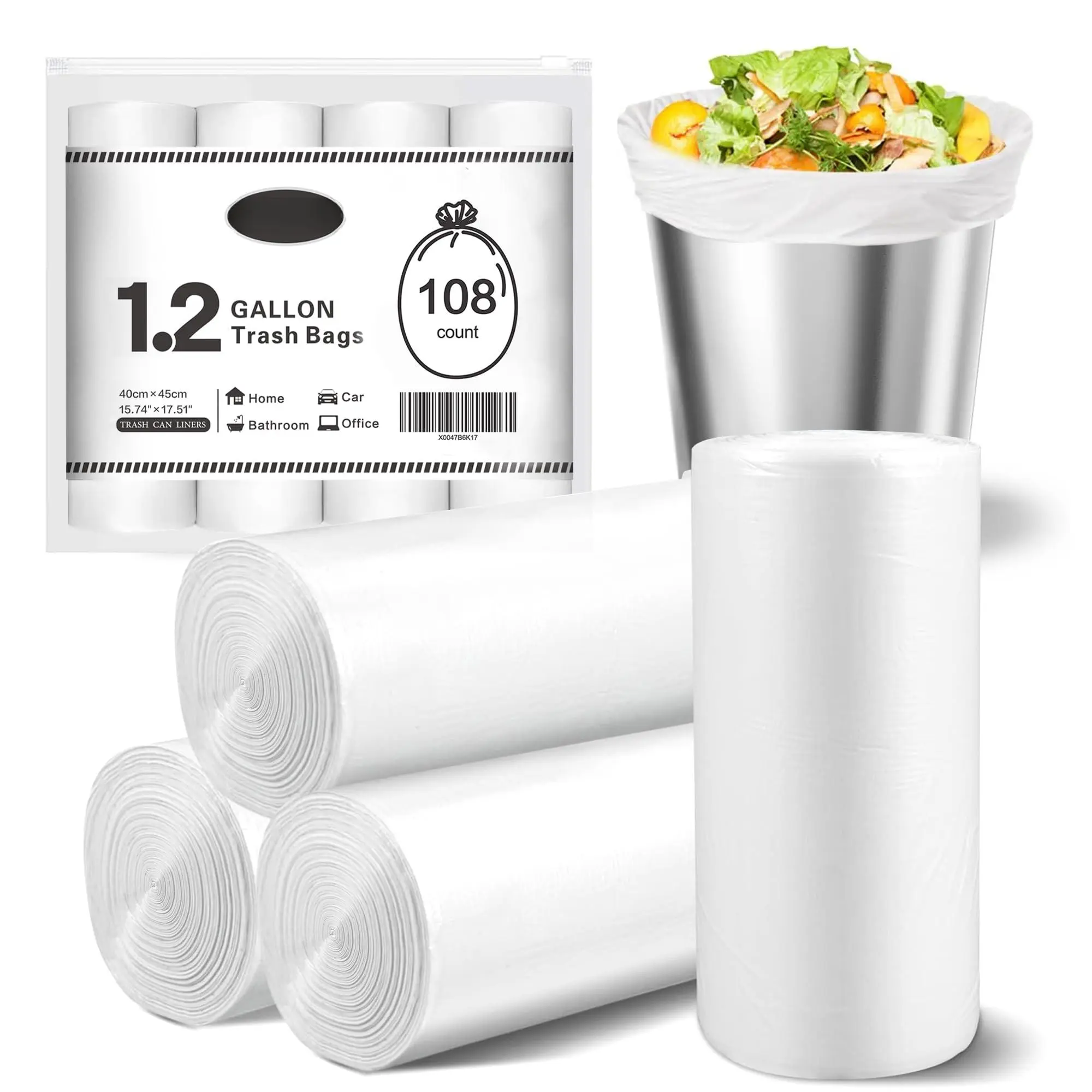 Small Trash Bags 1.2 Gallon  108 Count Garbage Bathroom Mini Can Liners Fit 4.5-5 Liter White