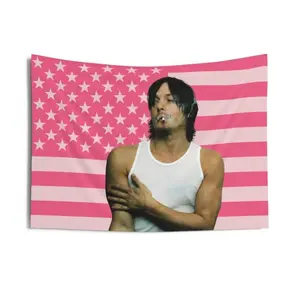 Norman Reedus Pink American Flag Tapestry, aesthetic room decor, funny room decor, Norman Reedus gift