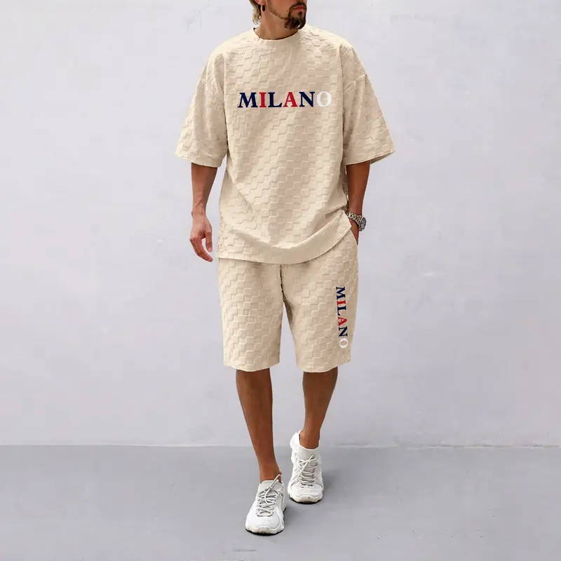 Men's Spring and Summer 'MILANO' Letter Print Checkered Fabric Drawstring Shorts Set, Casual Summer Outfit with Short-Sleeved Shirt and Shorts, Ideal for Everyday Wear and Sports Activities