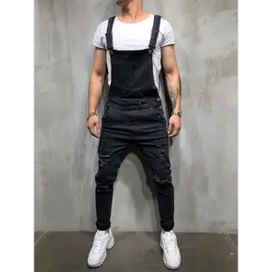 Men's Sleeveless Slim-Fitting Stretch Polyester Denim Overalls - Solid Dark Blue Distressed, Adjustable Straps, Pockets, Comfortable Durable Fabric, All-Seasons Casual Jean Jumpsuit