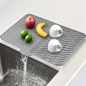 UFORU Silicone Dish Drying Mat, 23" x 17" Gray/Black Kitchen Counter Drying Tray with Built-in Drain Lip, Heat-Resistant Non-Slip Sink Mat, Easy to Clean, Protects Countertops and Prevents Water Buildup