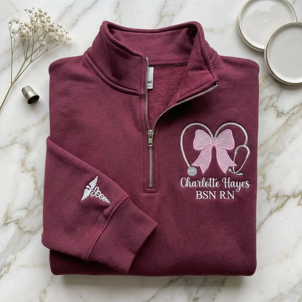 Custom Embroidered Nurse Quarter Zip, Personalized BSN RN Stethoscope Hoodie, Registered Nurse Gift, Medical Professional Pullover