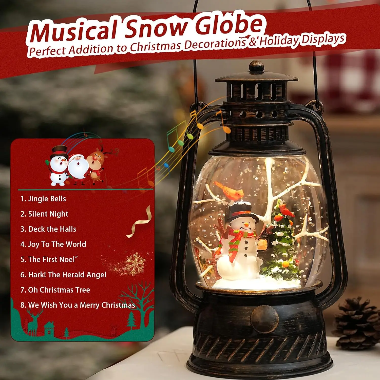 Christmas Snow Globe Musical Lantern with 8 Songs, Lighted Snowman Swirling Glitter Snow Globe 6H Timer USB Battery Operated, Xmas Table Mantel Decor Holiday Gift