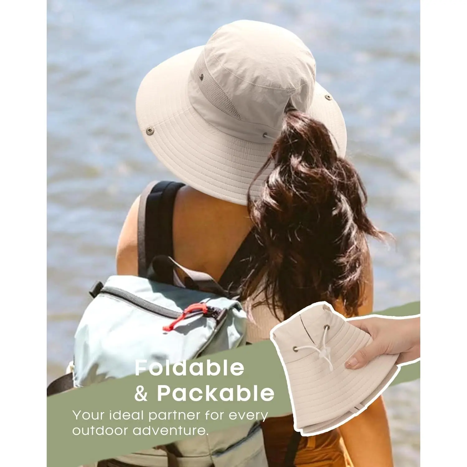 Packable UPF50+ Waterproof Nylon Bucket Hat with Ponytail Hole Womens Sun Hat with Ponytail Hole Beach Hiking Summer Wide  main image 4