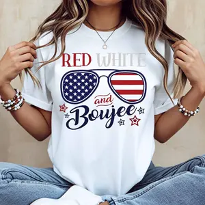 Red White And Boujee American Flag Sunglasses Print T Shirt Women Casual Short Sleeve Top Summer Patriotic Fashion