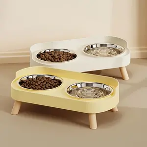 New Elevated Cat Dog Dual Bowl Set, Water Feeding Integrated High Platform Stainless Steel Bowls, Pet Feeder and Drinking Cup